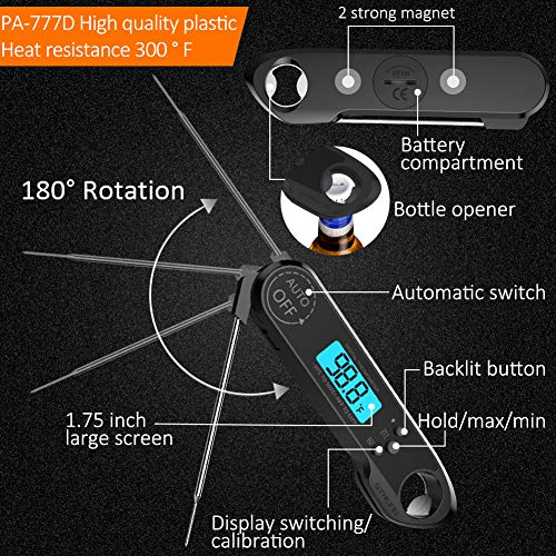 Meat Thermometer,Cuteadoy IP67 Waterproof Fast Folding Digital Instant Read Thermometer BBQ Thermometer with Calibration and Backlit Function Cooking Thermometer for Food,Milk,Grill,Bath (Black) - Thumbnail 4