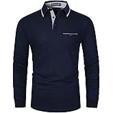 GHYUGR Men's Classic Plaid Splicing Long Sleeve Golf Polo Real Pocket Business Casual T-Shirt