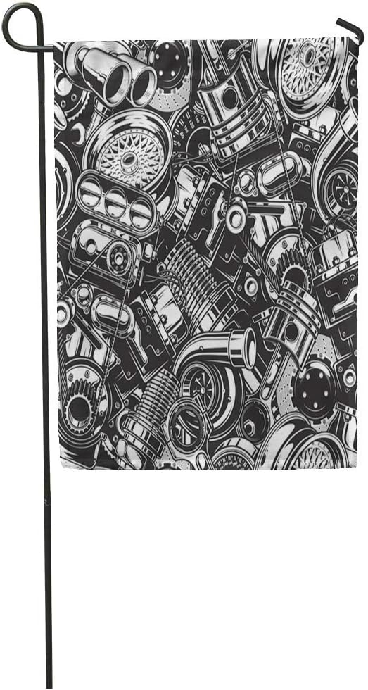 EnmindonglJHO Garden Flag Pattern Automobile Car Parts Monochrome Black and White Auto Automotive Home Yard House Decor Barnner Outdoor Stand 12x18 Inches Flag
