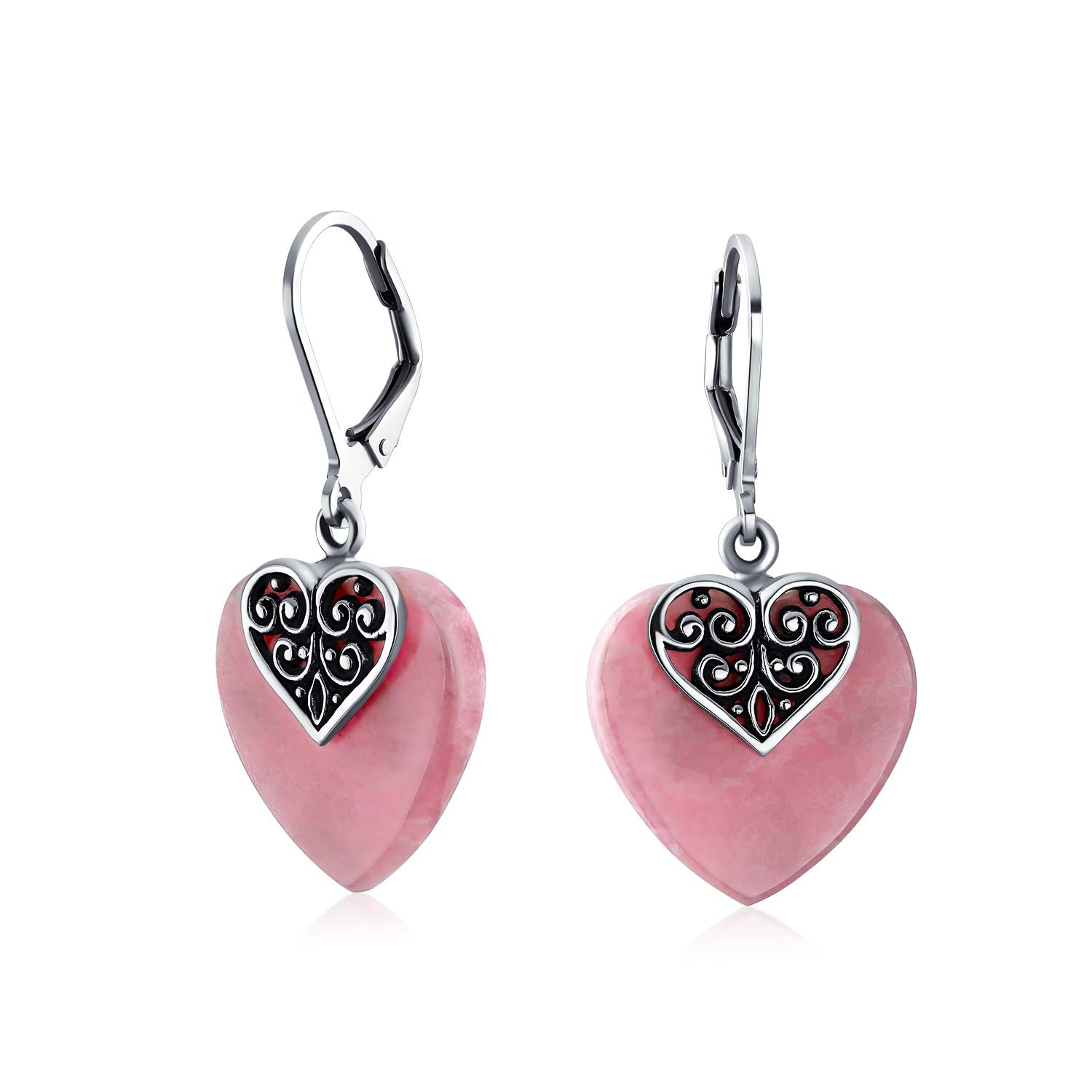 Boho Bali Style Scroll Filigree Pink Rhodochrosite Gemstone Heart Shaped Dangling Earrings For Women Oxidized .925 Sterling Silver Lever back