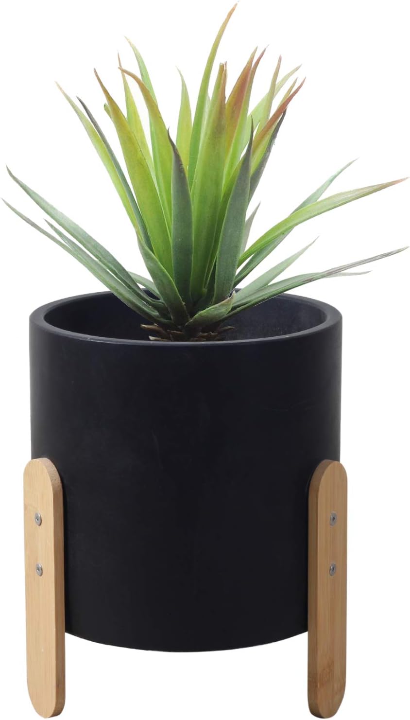 Modern Decorative Planter with Wood Stand, Unbreakable Concrete, 7 Inch with Drainage (Black)