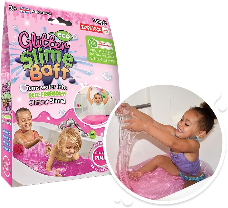 ZIMPLI, Eco Glitter Slime Baff Pink, 1 Bath or 4 Play Uses, Magically turns water into gooey, glittery slime