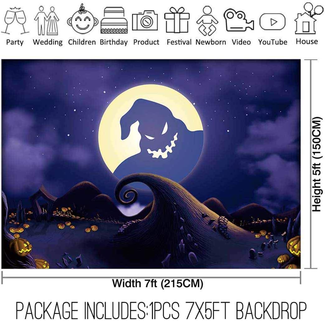 Allenjoy 7x5ft Halloween Pumpkin Jack Backdrop Nightmare Before Christmas Moonlight Children Photography Background Horrible Party Birthday Banner Baby Shower Family Home Decorations Photo Booth : Camera & Photo
