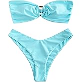 ZAFUL Women's Bandeau Bikini O Ring Strapless Tie Back High Cut Two Piece Swimsuit Bathing Suits