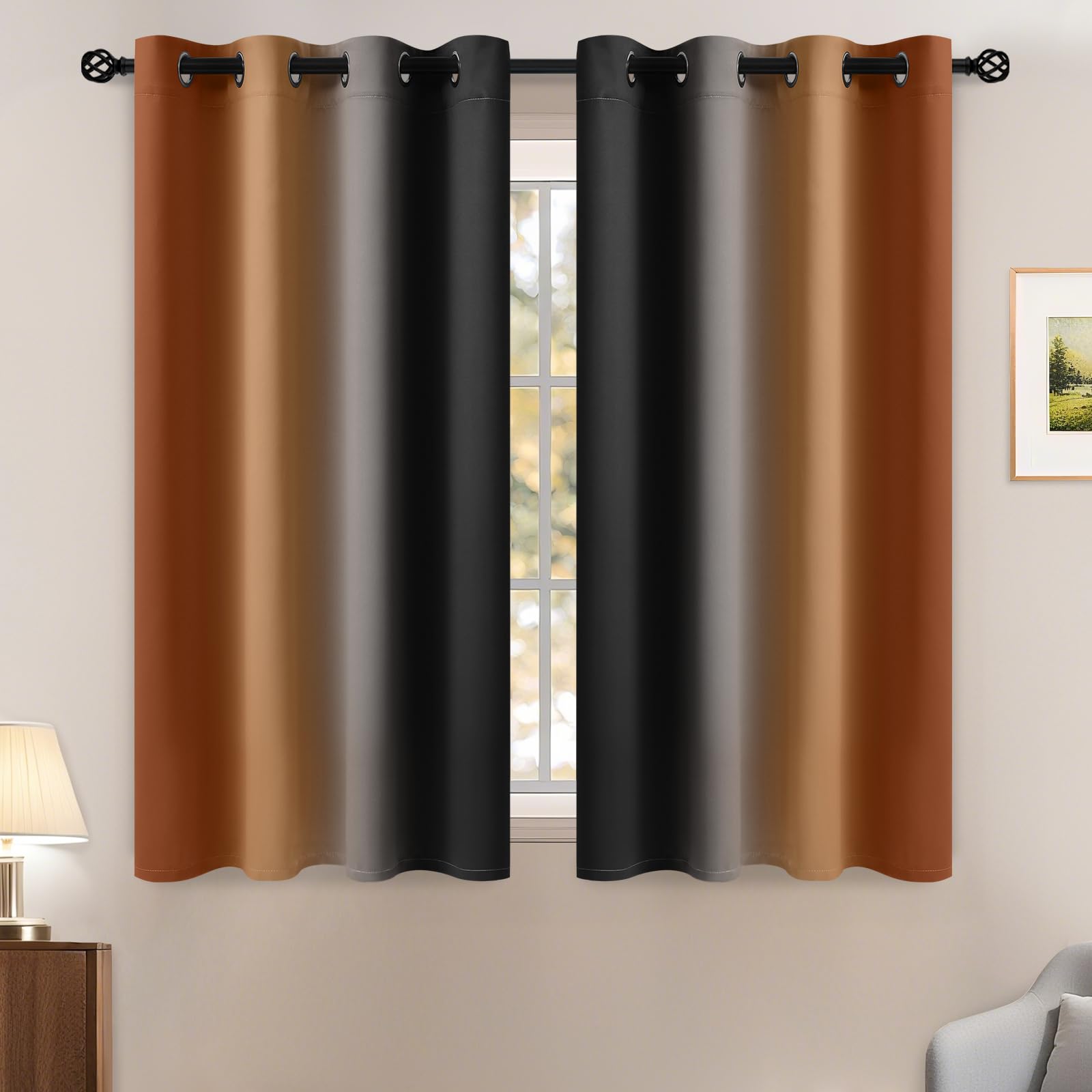 Yakamok Blackout Ombre Burnt Orange and Black Curtains-Gradient Room Darkening Curtain, Grommet Thermal Insulated Light Blocking Window Drapes Curtain for Living Room Bedroom,52 x 54 Inch,2 Panels Image