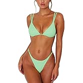 ForBeautyShe Women's Sexy Thong Bottom Two Piece Bikini Double Shoulder Straps Cute Swimsuit Triangle Bathing Suit