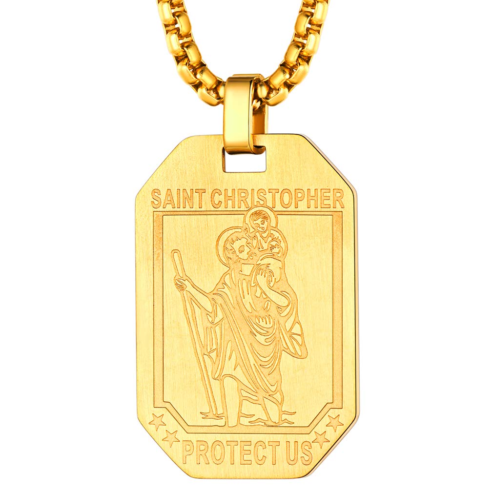 FaithHeart St Christopher Dog Tag Necklace, Gold Plated Saint Christopher Protect Us Medal Stainless Steel Jewelry, Patron Saints of Car Drivers Gardeners