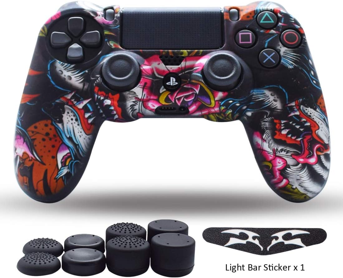 PS4 Controller Skin,Silicone Grips for Playstation 4 PS4/Slim/Pro Controller Anti Slip Cover Case Protector for Dual Shock 4 Controller - One Light Bar Sticker - 8pcs Pro Thumb Grips-Wing Grey