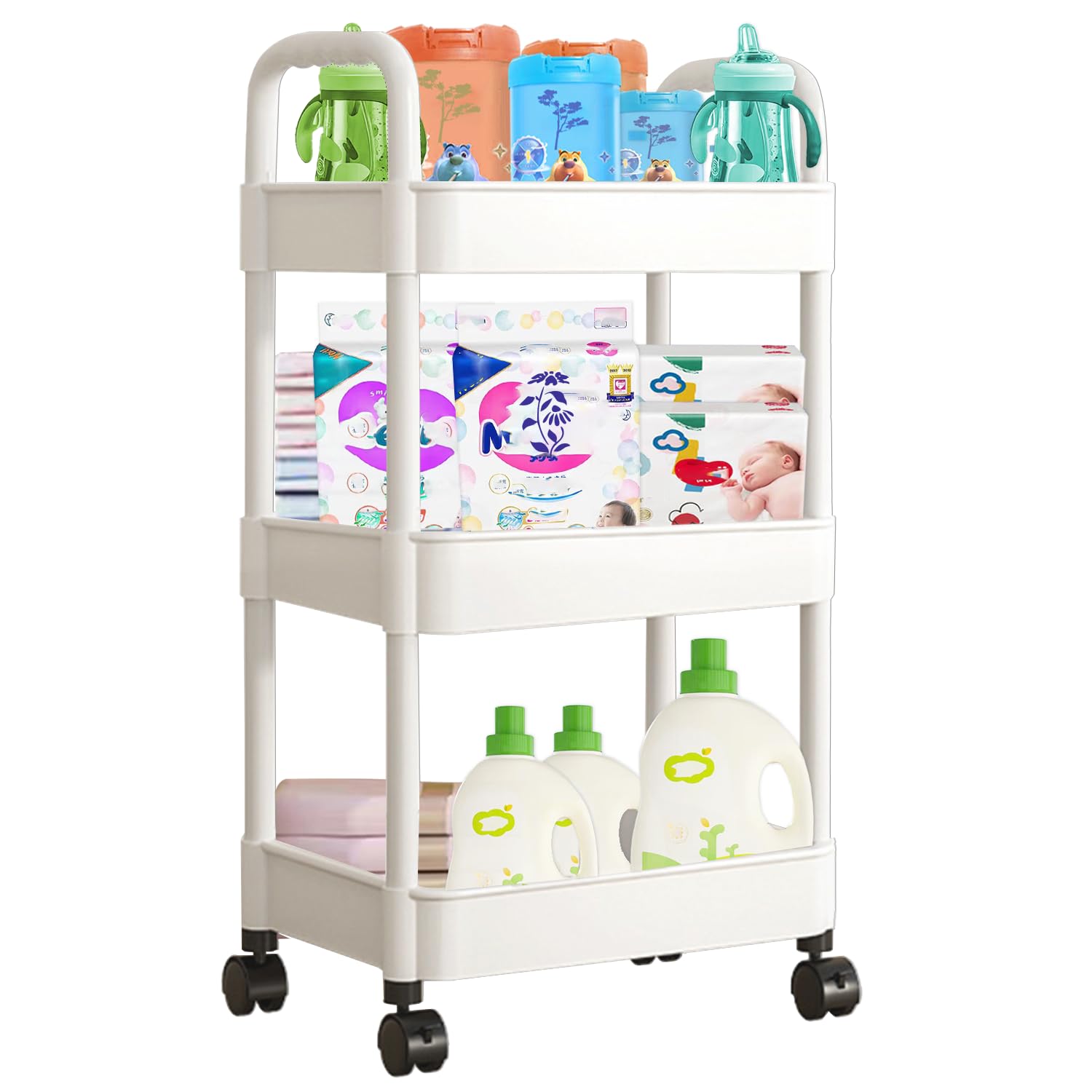 Photo 1 of Baby Diaper Cart with Wheels and Handle 3 Tier Rolling Cart Diaper Organizer, Nursery Caddy Baby Organizer for Storage Baby Clothes, Wipes, Bibs, Changing Table Mats, White