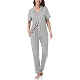YOPUGEE Womens Modal Pajama Set 2 Piece Soft Lounge Set Short Sleeve Button Up Pajama Comfy Pj Pants With Pockets S-3XL