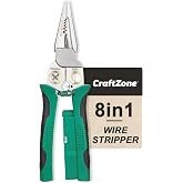 8‑in‑1 Wire Stripper Pliers, Non‑Contact Voltage Tester, Green‑Black | Multi‑function electrician pliers for stripping cutting crimping, 12‑250V tester, fits auto HVAC home wiring maintenance