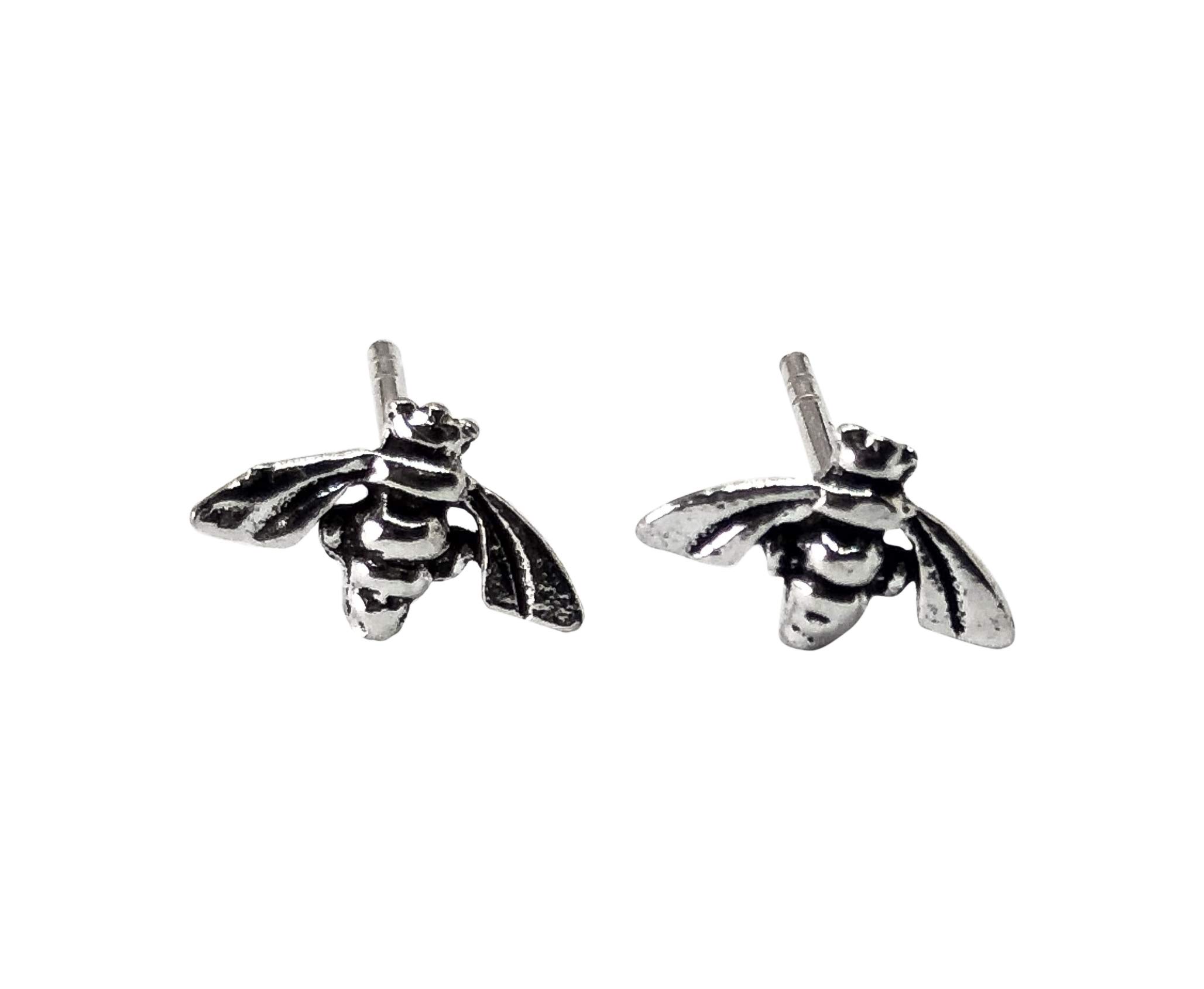 Dainty Sterling Silver Studs - Feather Angel Wings Butterfly Cat Unicorn Celtic Tree of Life Hearts - Fine Earrings Gift Boxed For Girls Women Unisex (Bees)