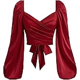 MakeMeChic Women's Wrap V Neck Blouse Sweetheart Lantern Sleeve Pleated Tie Back Work Crop Tops
