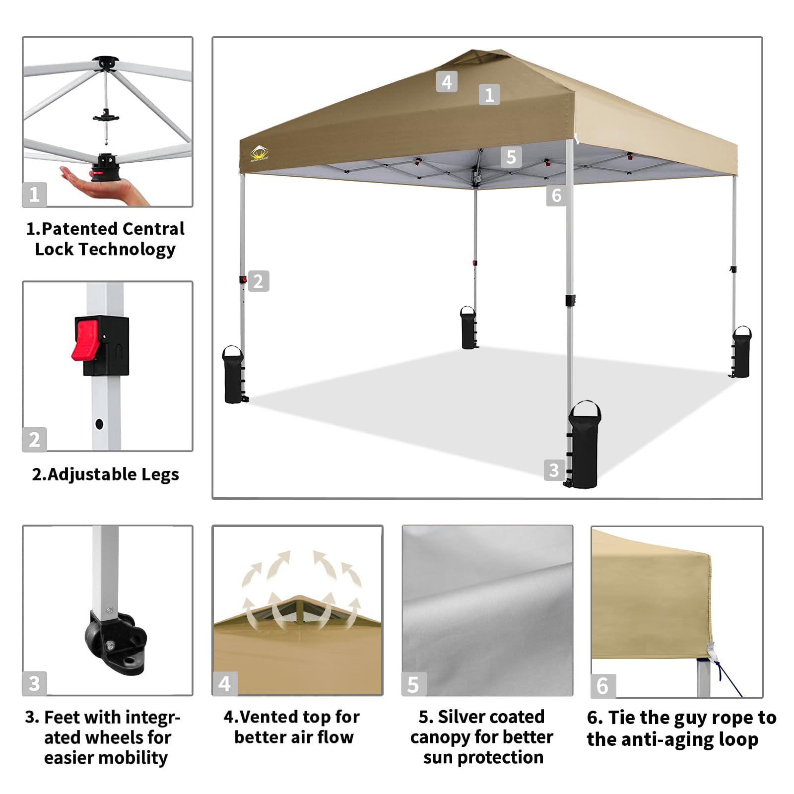 CROWN SHADES 10x10 Pop Up Canopy, Patented Center Lock One Push Tent Canopy, Newly Designed Storage Bag, 8 Stakes, 4 Ropes, Beige