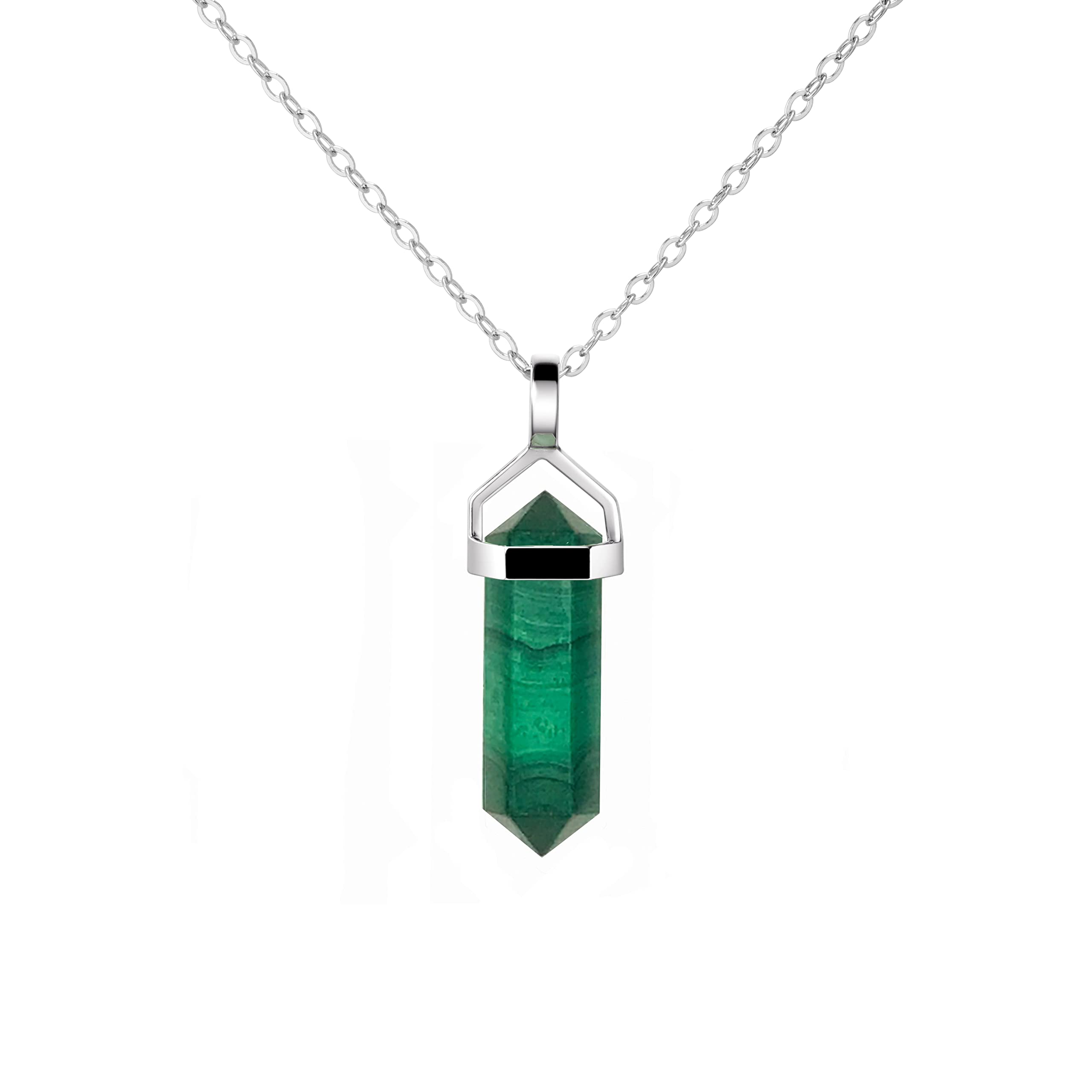 Franki Baker Malachite Gemstone Sterling Silver Natural Green Dainty Double Point Pendant Necklace. Length: 50cm. Pendant: 3cm