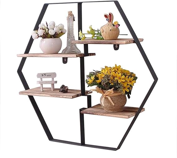 Estante Estantería de Pared Vintage de Metal Negro | Estantes de Madera