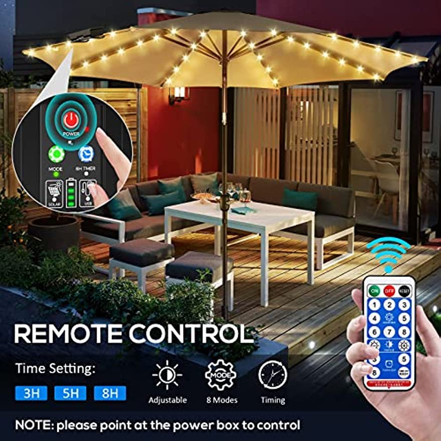 Solar Parasol Lights with Remote, Clip and Plug Stand, Garden Umbrella String Lights, Type-C Rechargeable Waterproof Umbrella Lights for Patio Garden Outdoor Decor, Warm White (1 Pack)
