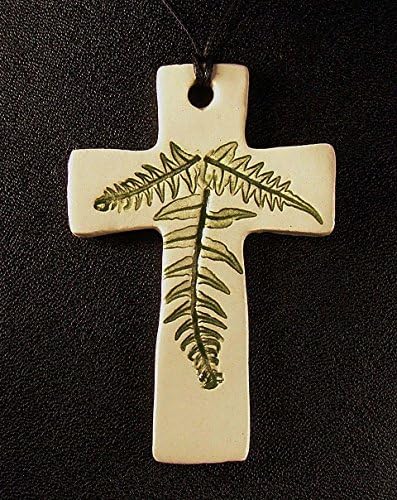 Pressed Plant Pottery Pendant, Fern, Cross, Macrame slip cord