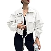 Tankaneo Womens Cropped Jacket Zip Up Lightweight Oversized Utility Anorak | Casual,Trench Coat with Pocket,Military,Drawstring,Stand Collarm,Sport Active,Y2K,Zipper&amp;snap clousure,Chic Outerwear,Trendy