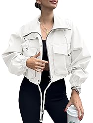 Tankaneo Womens Cropped Jacket Zip Up Lightweight