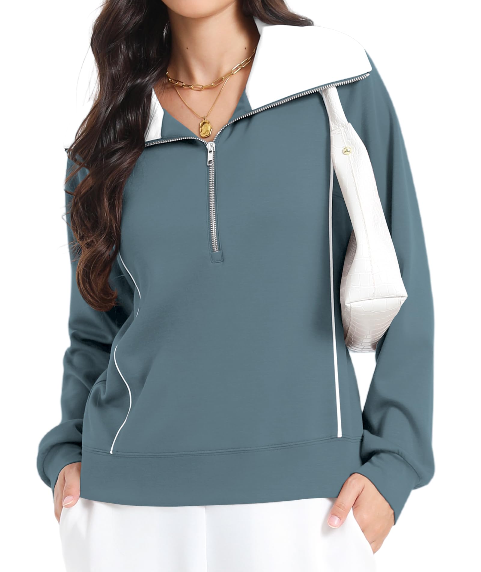 Casly Lamiit Quarter Zip Sweatshirt Women Long Sleeve Contrast Zipper ...