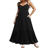 Women's Plus Size Summer Maxi Sun Dress Spaghetti Strap Ruched Bust Long Casual Sundress with Pockets