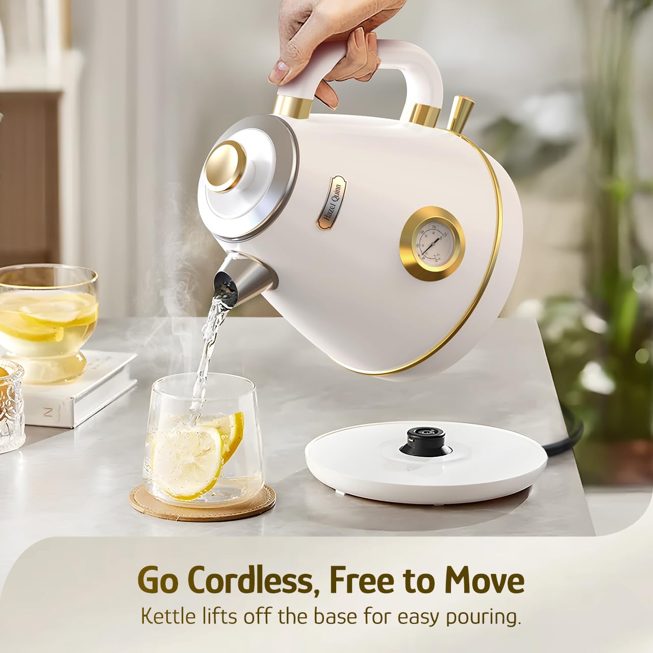 Hazel Quinn Hervidor eléctrico retro - Tetera de 1,7 litros / 57,5 ​​onzas con termómetro, totalmente de acero inoxidable, 1200 vatios de ebullición rápida, sin BPA, inalámbrico, apagado automático - Blanco perla