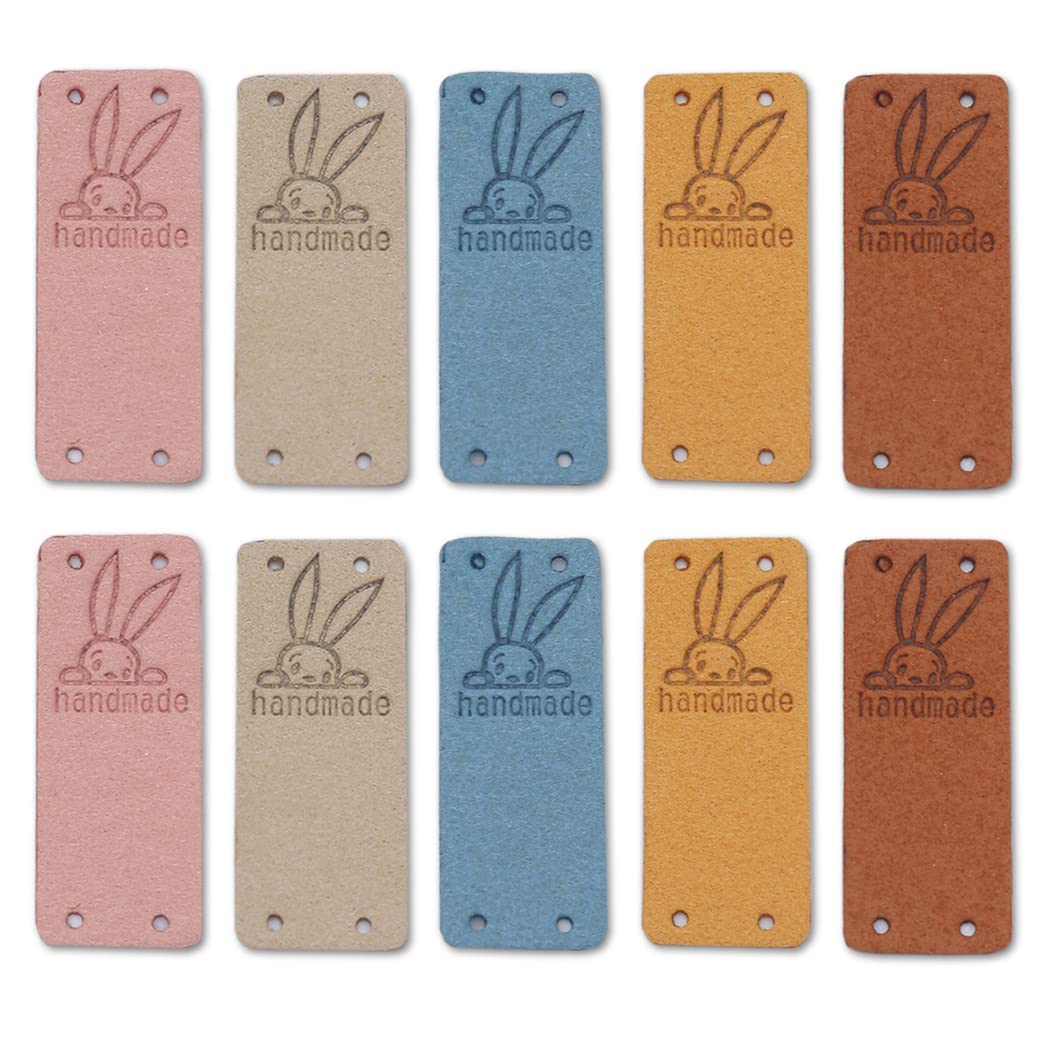Borsgye 30PCS PU Leather Tags Handmade Embossed Tag Faux Leather Sew on Labels Embellishment Crochet Knitting Labels DIY Jeans Bags Shoes Hat Apparel Accessories 2x5cm - 5 Colors - Rabbit