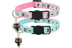 BARLEYGOO 2 Pack Glow in The Dark Cat Collar with Bell Breakaway Safety Cat Puppy Collars with Pendant Light Blue and Pink