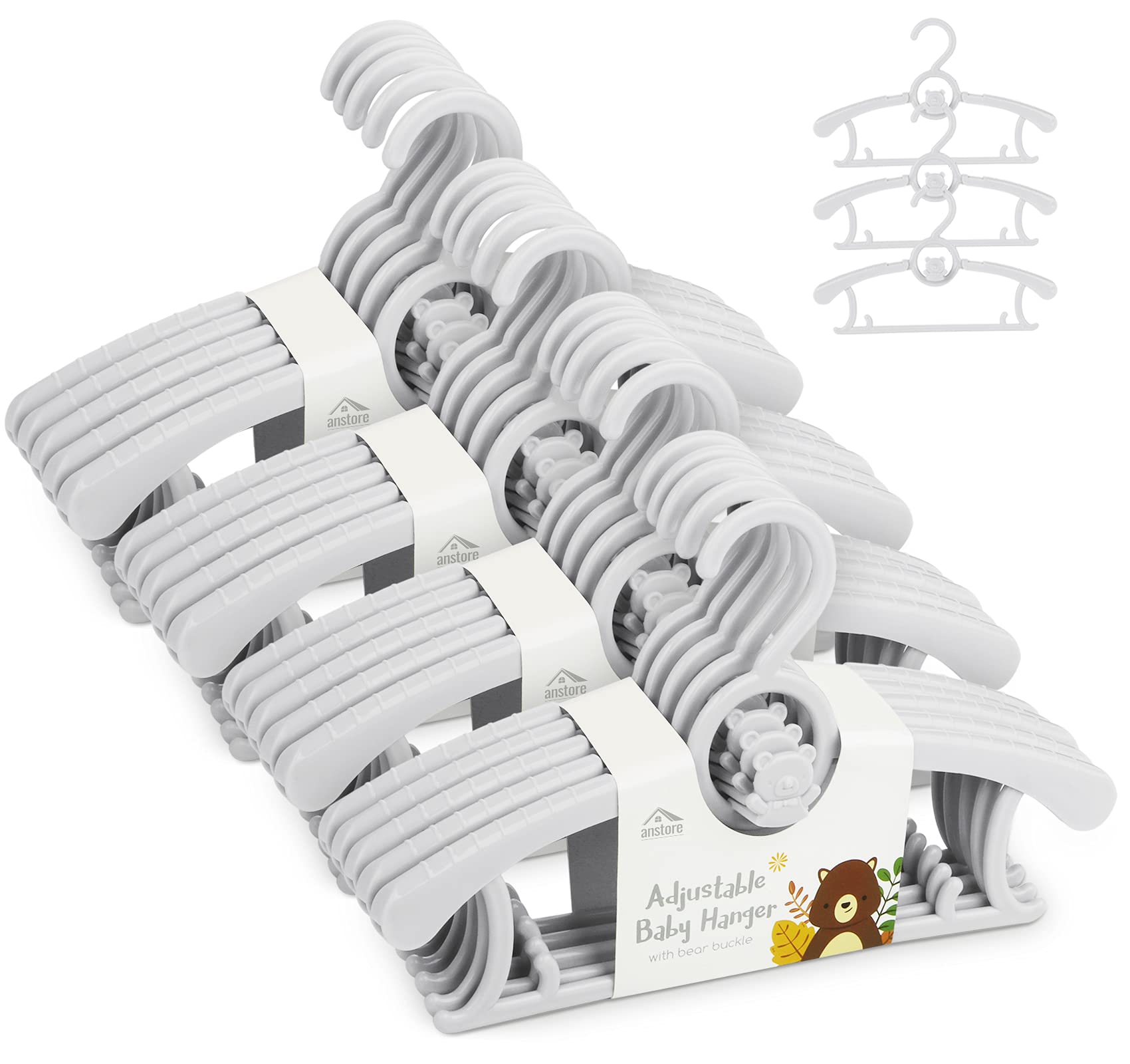 Anstore 20 Pack Plastic Baby Hangers, Extendable Non-Slip Toddler Hangers for Kids Children Clothes Dresses (Grey)