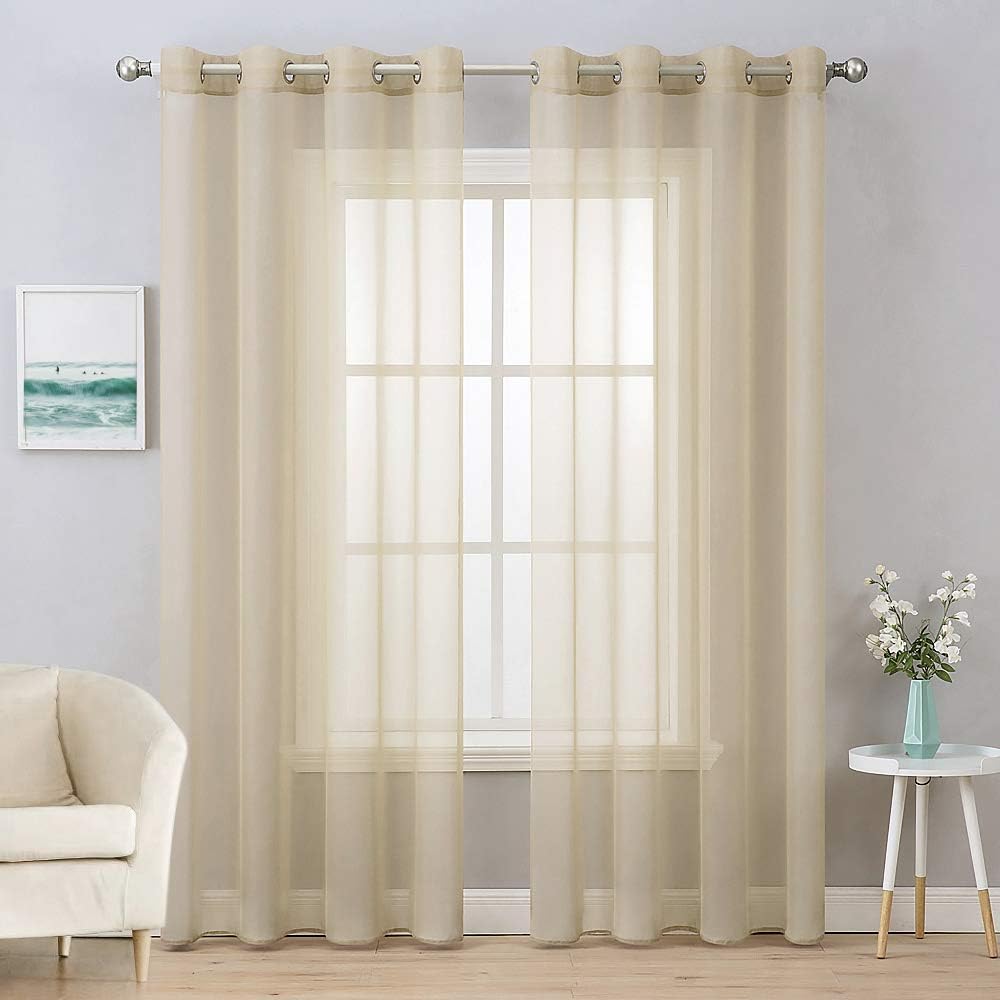Window Treatments - MIULEE 2 Panels Farmhouse Solid Color Beige Sheer Curtains Elegant Grommet Window Voile Panels/Drapes/Treatment for Bedroom Living Room (54X84 Inch)