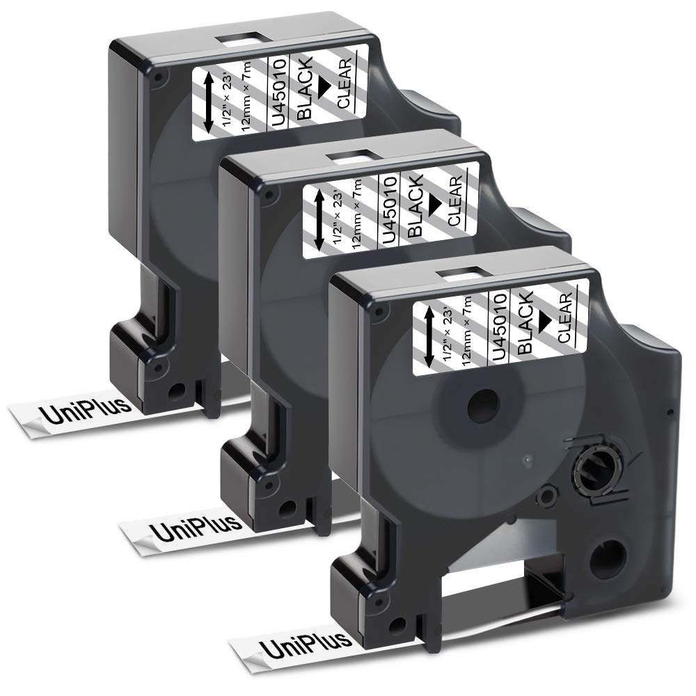 UniPlus 3X Compatible D1 12mm Label Tape Replacement for D1 45010 S0720500 Labeling Tape D1 Black on Clear, Work with LabelManager 160 210D 360D 420P 450 Duo Label Maker