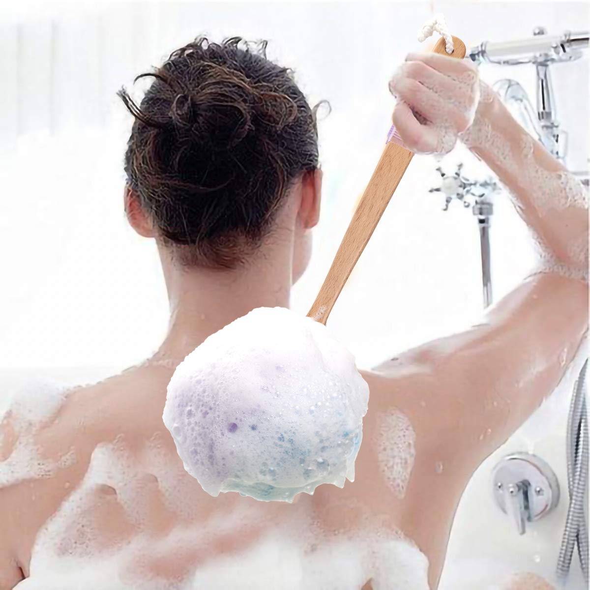 AmazerBath Shower Sponge Loofah Back Scrubber, PE Soft Mesh Loofah Body Scrubber with Long Wooden Handle, Bath Sponge for Men Women (Purple) : Beauty