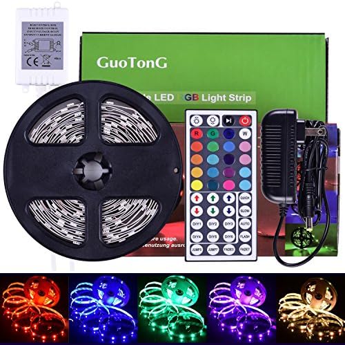 GuoTonG 16.4ft/5m LED Strip Light Kit, 150 Units RGB 5050 Leds, Color Changing, Non-Waterproof 12V DC Light Strips,44 Key IR Remote Controller with Power Supply For Christmas Holiday Home Kitchen Car