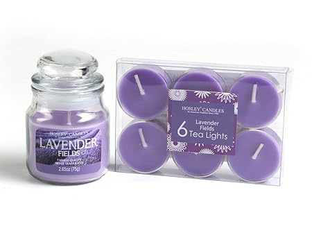Hosley Lavender Fields Highly Fragranced, 2.65 Oz Wax, Jar Candle with Pack of 6pieces Scented Tealights