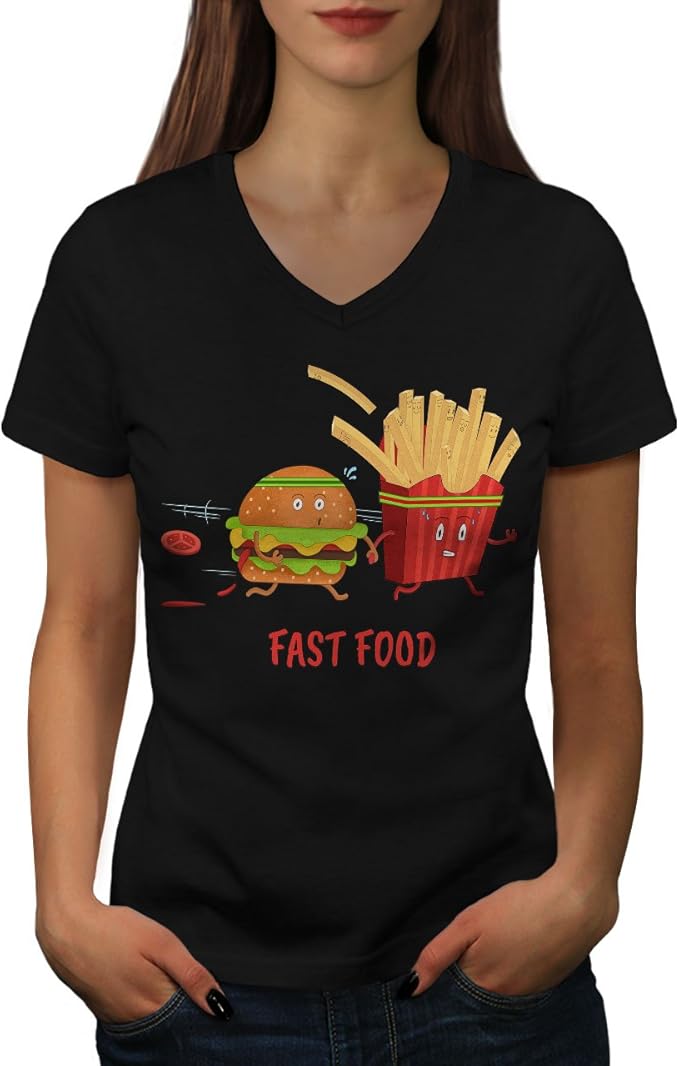 wellcoda Fast Junk Food Womens VNeck TShirt, Burger Fries Casual