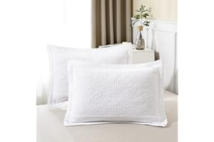WINLIFE 100% Cotton Quilted Pillow Sham Floral Printed Pillow Cover White