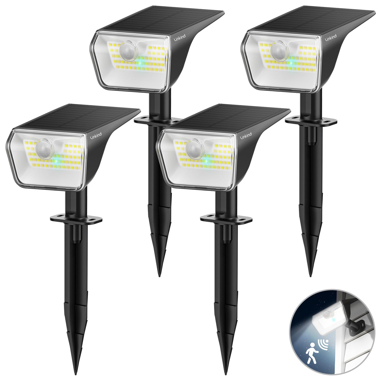 Photo 1 of Linkind Solar Lights Outdoor Waterproof IP67, 3000K/6500K Solar Motion Sensor Lights with 6 Modes, 60 LEDs Solar Powered Spot Lights Outside Landscape Lighting for Garden Yard Pathway, 4 Pack