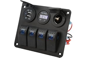 Marine Switch Panel, 4 Gang Rocker Switch with USB Cigarette Lighter Socket and Toggle ON Off for RV Boat Yacht