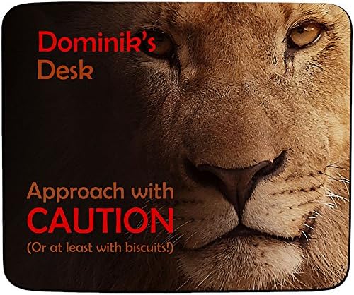 Dominik's Desk - Approach With Caution - Lion Design - Personalised Name Mouse Mat - Premium (5mm Thick)
