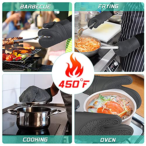 Silikon Ofenhandschuh 6er-Set, Hitzebeständige Topfhandschuhe 1 Paar mit 2 Topflappen Untersetzer & 2 Mini Rutschfeste Silikon Griff Quetschhandschuhe - Wasserfest, Leicht zu Reinigen (Schwarz)