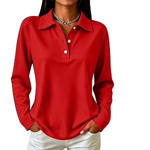 Womens Long Sleeve Tops Casual Loose Fit Quick Dry Work Golf Polo Shirts | Split Hem, Business Casual, Beach Vacation, Solid