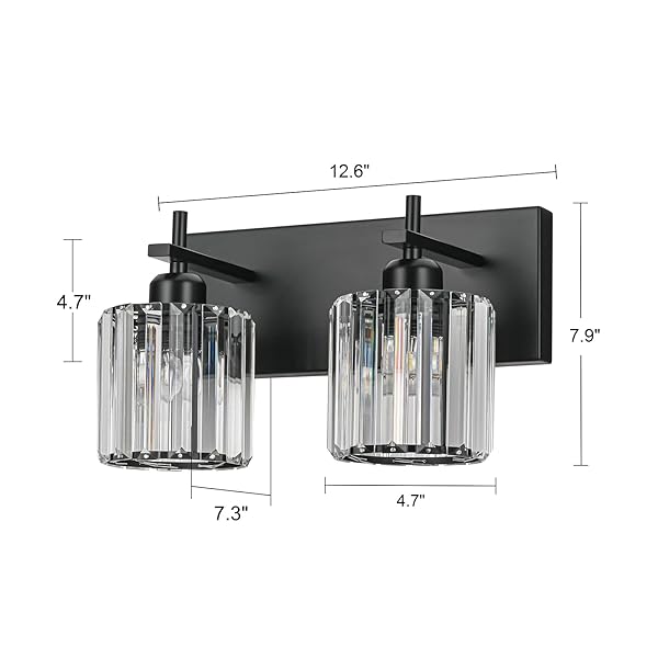 HUOKU BLACK CRYSTAL BATHROOM VANITY LIGHTS, MODERN 2-LIGHTS BATHROOM LIGHTING FIXTURES OVER MIRROR, CRYSTAL WALL LIGHTING WITH ROUND SHADE