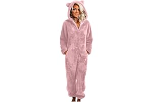 SCRRMZO Womens Fleece Onesies Pajamas Cute Warm Sherpa Romper Sleepwear One Piece Zipper Hooded Long Playsuit Loungewear