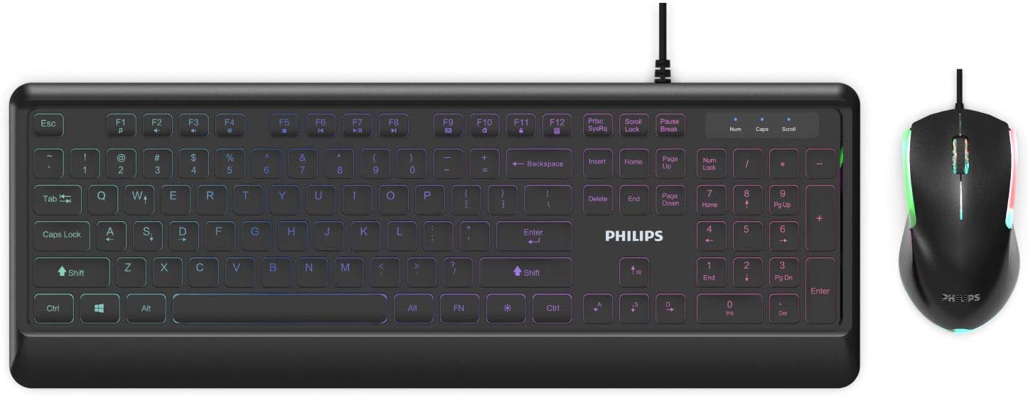 PHILIPS Elegant USB Keyboard and Mouse Combo | Low-Profile Full-Sized Keyboard, 3-Button Mouse w/RGB Light FX | Lightweight, Spill- & Scratch-Resistant for Home, Office (SPT8294)