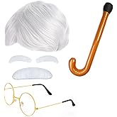 Beefunny Old Man Wig and Glasses Grandpa Costume Accessories Inflatable Walking Cane 100th Day of School Starter Kit (White)