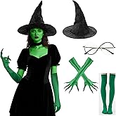 Xinxiaomeng Witch Costume Set Womens Wicked Witch Hat Green Claw Gloves Glasses Socks Halloween Costume Cosplay Accessories