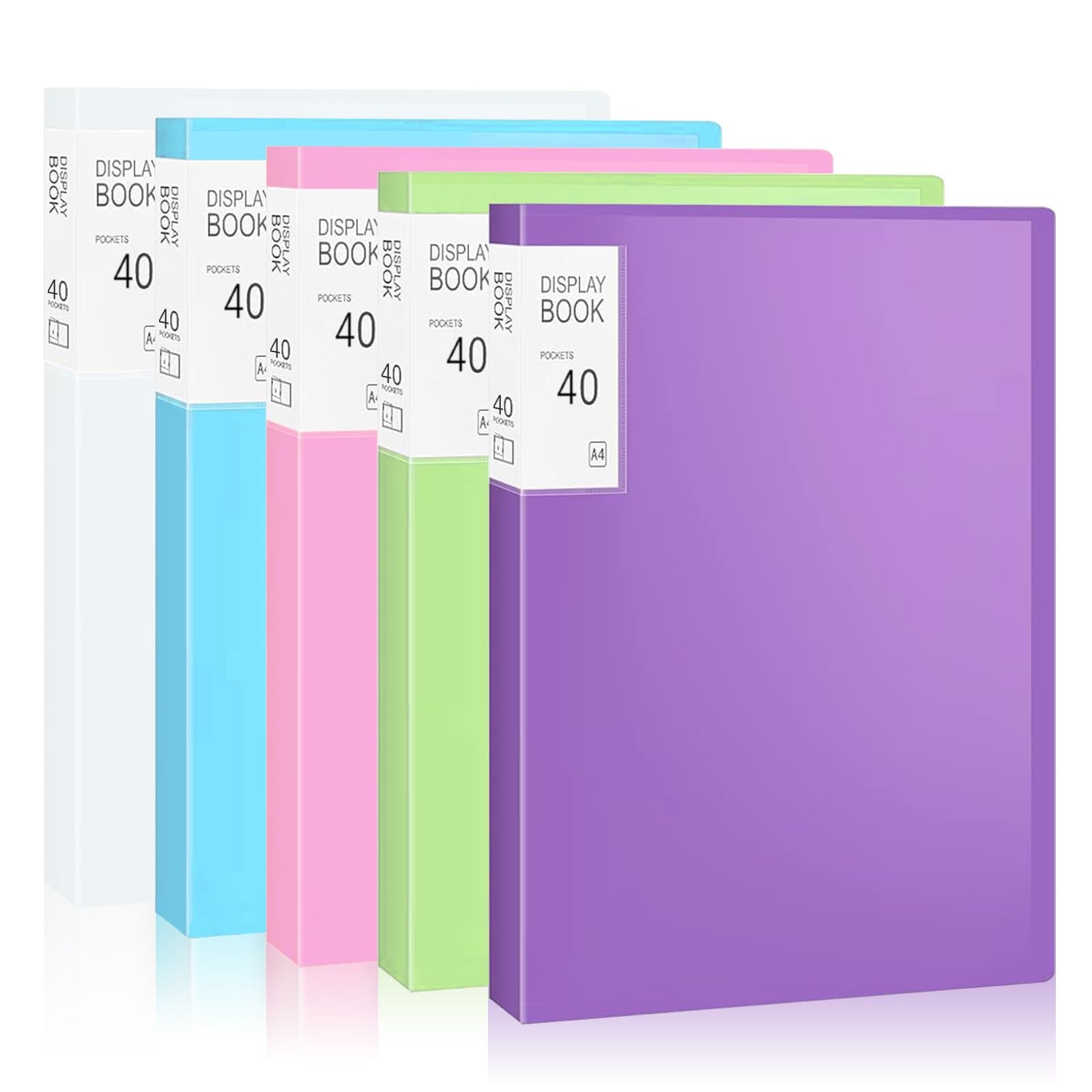 SUPERFA 5 Pack A4 Display Folders with Plastic Clear Sleeves, Display Book 40 Pockets for Individuals, Schools, and Offices (5 Colours)