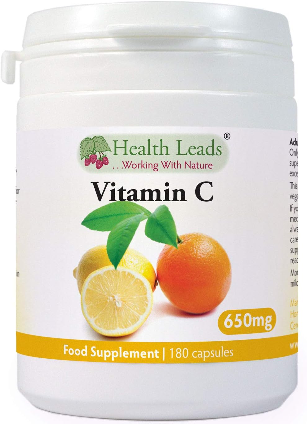 Pure Vitamin C 650mg Capsules, Ascorbic Acid, Unbuffered & Non-GMO, Suitable or Vegetarians & Vegans
