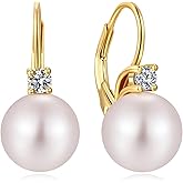ZDaoBen Pearl Leverback Earrings, 925 Sterling Silver Cubic Zirconia Pearl Dangle Earrings for Women 10MM, Pearl Jewelry Gift for Women/Wife/Mother